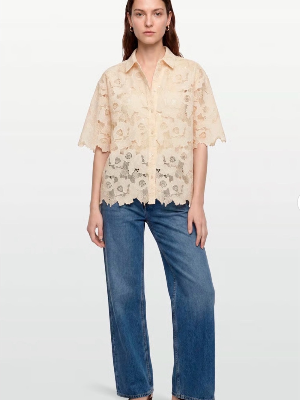 Day Sheer Lace Button-Down floral design short sleeve Shirt in Cream size US 6